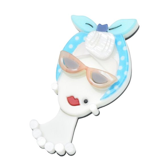 Adorable Pinup Girl laser cut acrylic pin with aqua polka dot bandana - Picture 4 of 4